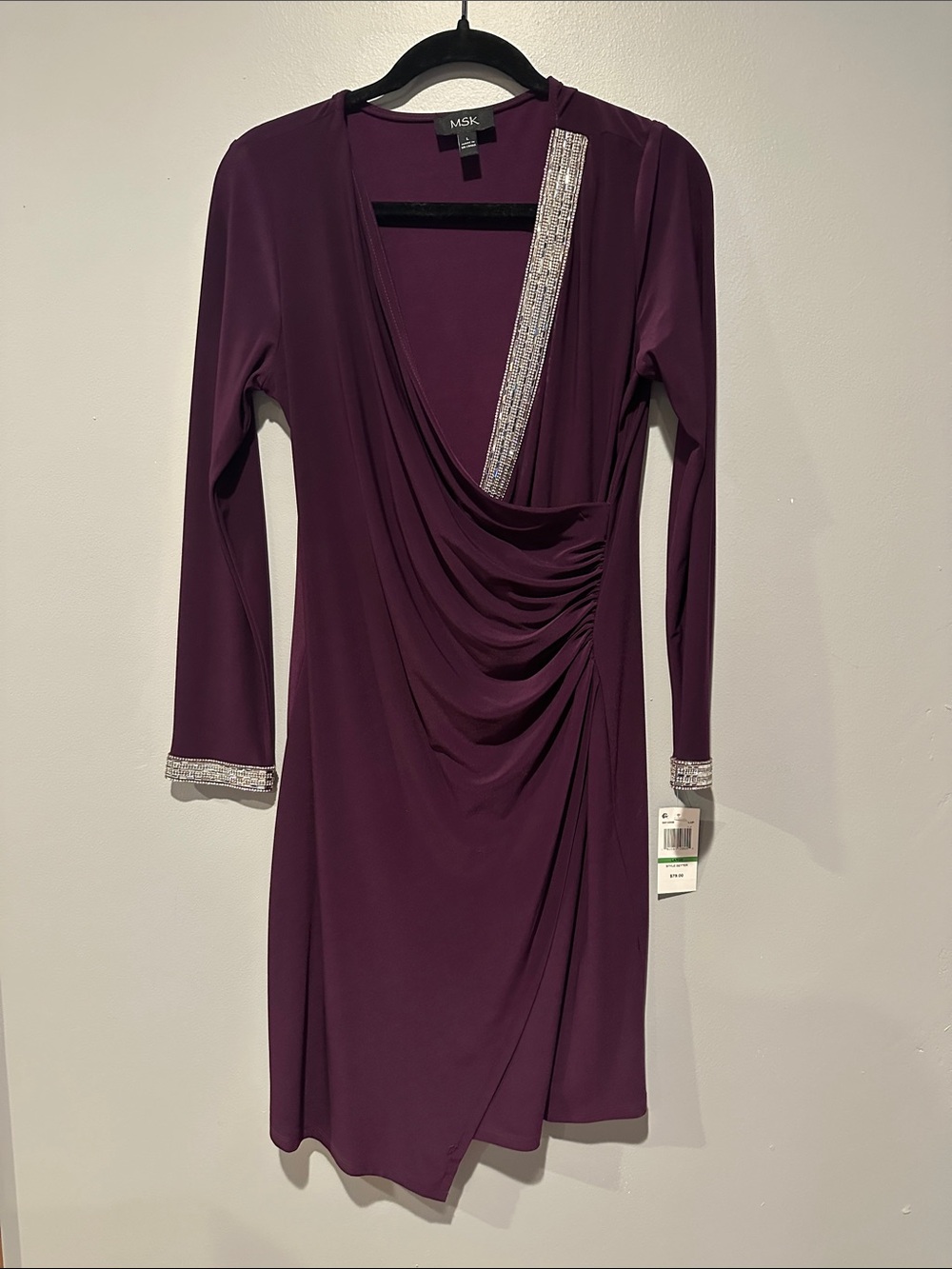 MSK Plum Draped Wrap-Front Long Sleeve Dress with Rhinestone Trim